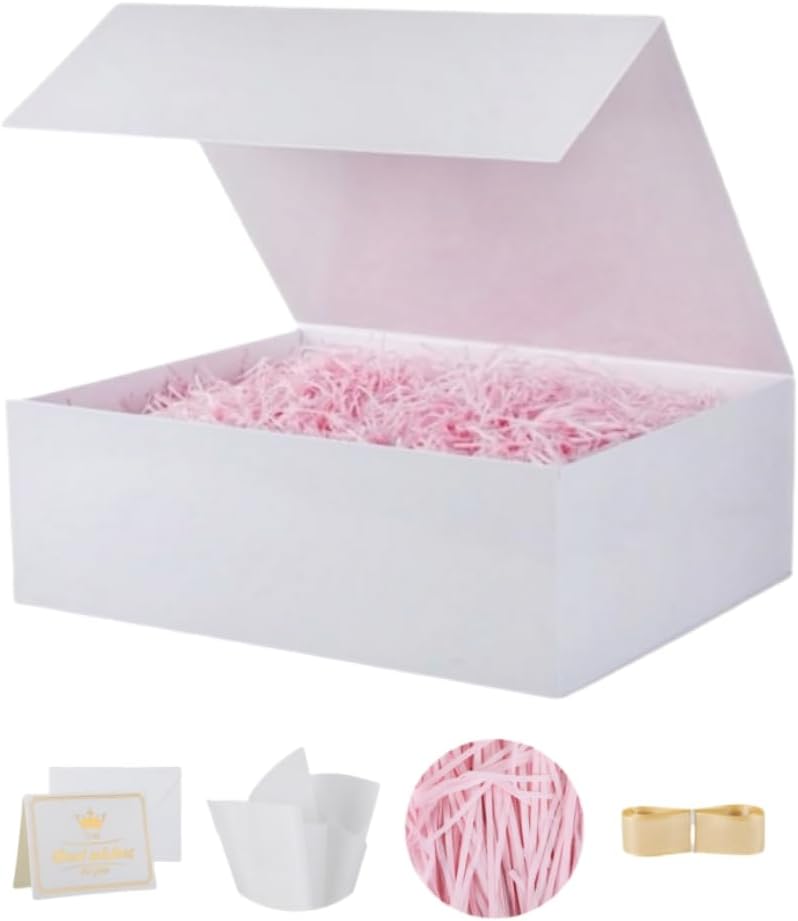 UoeRing 1 Pcs White Gift Box 11.5x8x4 inch Luxury Gift Box for Presents with Magnetic Lid Collapsible,Birthday,Christmas,Contains Card, Ribbon, Tissue Paper,Shredded Paper Fille - Image 1